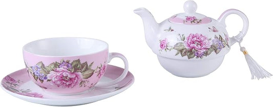 London Boutique Tea for One Teapot Cup Saucer Set Vintage Bird Rose Butterfly Flora New Bone China Gift Box (Pink)