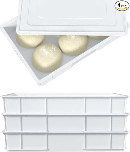 Zopnny 4 Packs Plastic Stackable Pizza Dough Proofing Box with Lid, Pizza Dough Tray, White
