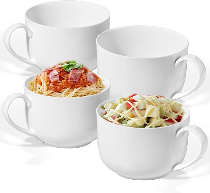 Chulan Large 25 oz Lightweight Fine Bone China Mugs, White Ceramic Soup Mugs,Over 45% Bone Content for Porcelain Soup, Latte, Milk, Coffee, Microwave Safe,Set of 4 Easy to Clean Moonlight Series