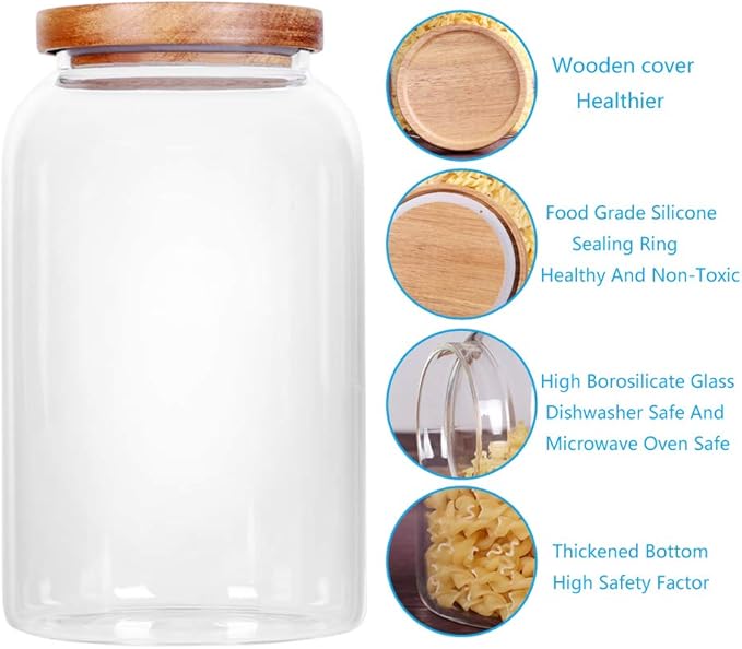 SAIOOL Modern Design Transparent Glass Food Storage jars, Food storage containers glass,100FL OZ(3000ml) Enlarged Thickened with Sealed Wooden Lid to Store Food, herbs, Tea, Easy to Use and Clean