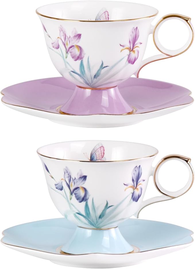 KAMMAK Ceramic Tea Cup and Saucer Set with Gold Trim, Purple & Blue Saucers, Iris Flower & Butterfly Pattern, 250ml Elegant Bone China Coffee Cup for Afternoon Tea, Gift for Women