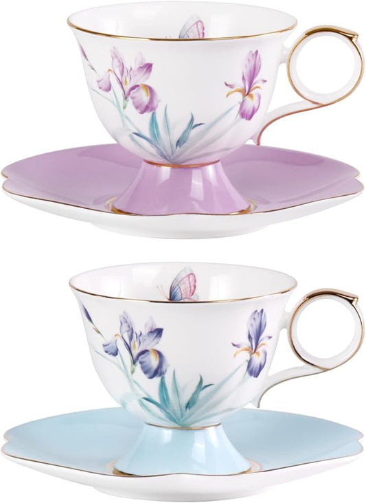 KAMMAK Ceramic Tea Cup and Saucer Set with Gold Trim, Purple & Blue Saucers, Iris Flower & Butterfly Pattern, 250ml Elegant Bone China Coffee Cup for Afternoon Tea, Gift for Women