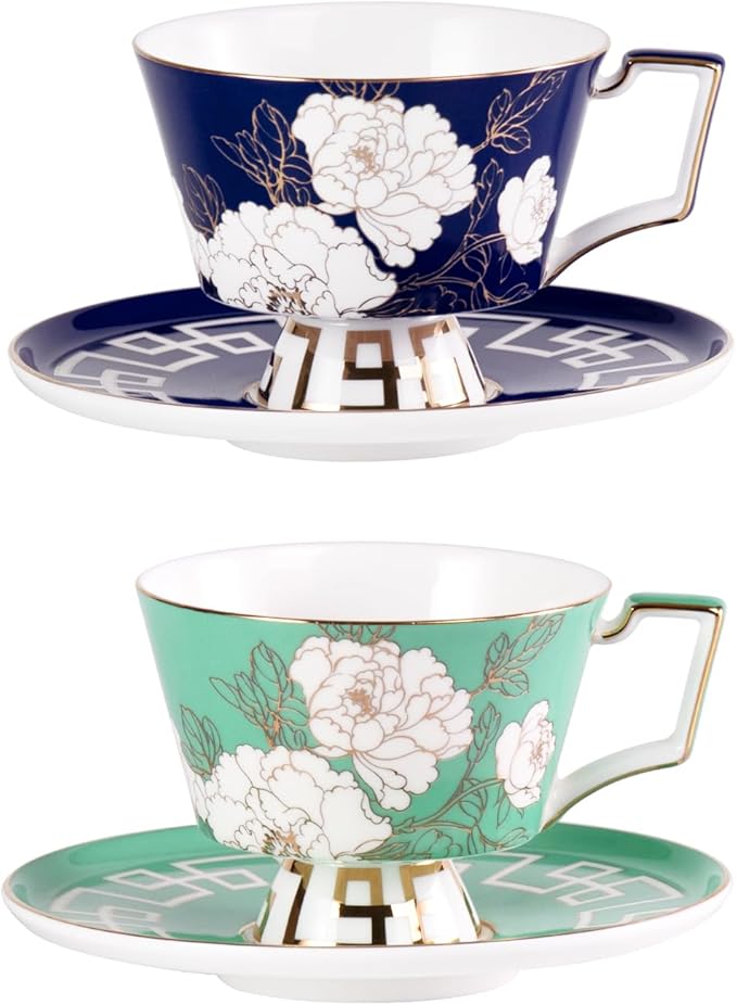 KAMMAK Ceramic Tea Cup and Saucer Set with Gold Trim, Peony Flower Pattern, 240ml Elegant Bone China Coffee Cup Set in Navy Blue & Teal Green, Ideal for Afternoon Tea, Gift for Women