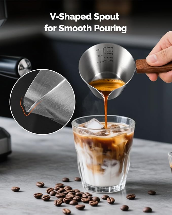 Maestri House Espresso Measuring Cup, Stainless Steel Espresso Shot Cup, Wide Mouth & V-shaped Pour Spout Coffee Mug with Handle Scale for Latte, Dirty, Americano, Cappuccino, Macchiato (Silver)