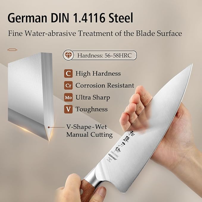 HEZHEN 8-Piece Chef Knife Set with Block and Sharpener, Razor-Sharp, German DIN 1.4116 Steel, Includes Chef, Santoku,Slicing, Utility, Paring Knives and Kitchen Shears