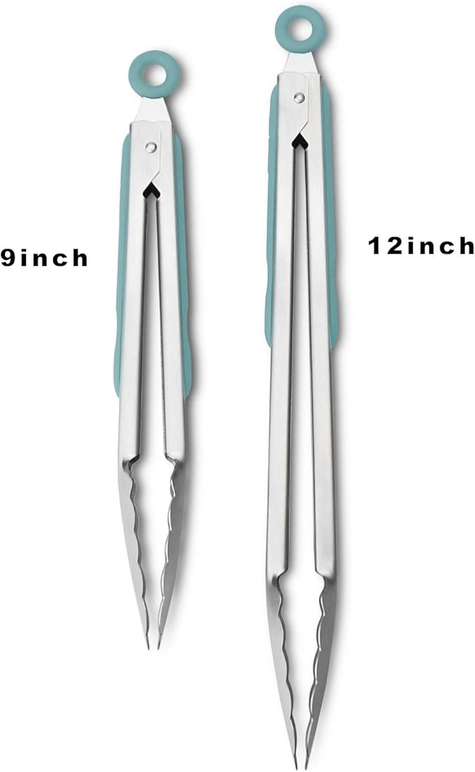 304 Stainless Steel Kitchen Cooking Tongs, 9" and 12" Set of 2 Sturdy Grilling Barbeque Brushed Locking Food Tongs with Ergonomic Grip, Aqua Sky