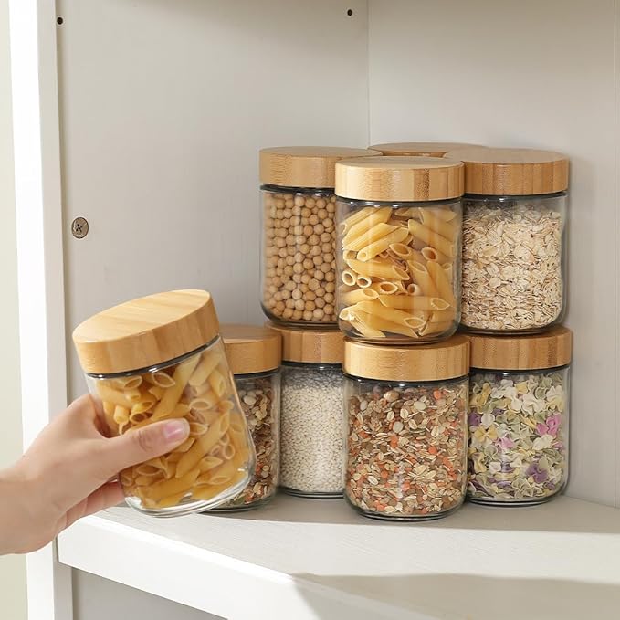 16 OZ Glass Mason Jars with Airtight Lids Wide Mouth Leakproof Pantry Organization Food-Grade Storage Containers for Honey,Salad,Yogurt and Snacks (Wooden Lid-6 Pack)