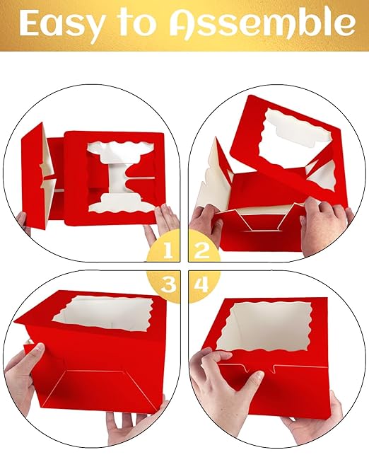 qiqee 10x10x5 Cake Box, 18 Sets Red Cake Box with Window ＆ 18 Sets 10" Red Cake Round Boards, 10inch Cake Containers