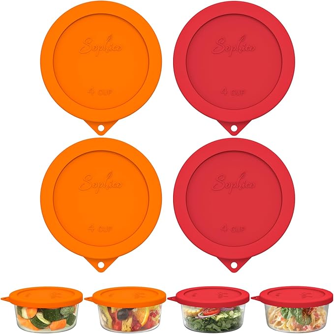 Sophico 4 Cup Round Silicone Storage Cover Lids Replacement for Anchor Hocking and Pyrex 7201-PC Glass Bowls (Container not Included) (Red-Orange) 4 Pack