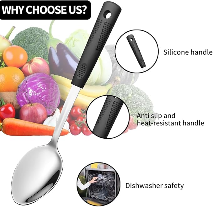2-Piece,Stainless Steel Serving spoons set with Slotted Spoon.Serving Spoon and Perforated Spoon, kitchen cooking serving utensils set cooking spoon-black