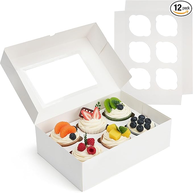 LotFancy 12 Pack Cupcake Boxes 6 Count, Pre-folded Cupcake Carrier with Window Holding 72 Standard Cupcakes, Food Grade Disposable Pastry Boxes