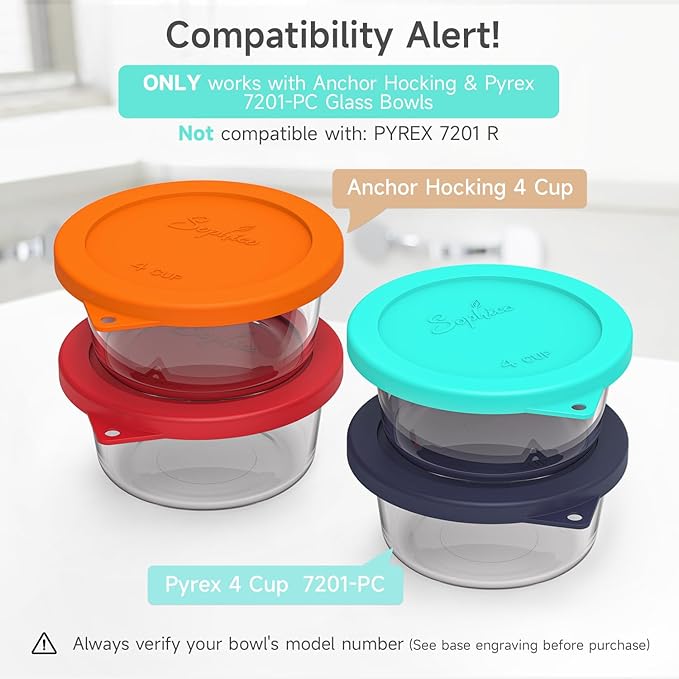 Sophico 4 Cup Round Silicone Storage Cover Lids Replacement for Anchor Hocking and Pyrex 7201-PC Glass Bowls (Container not Included) (Mint-2 Pack)