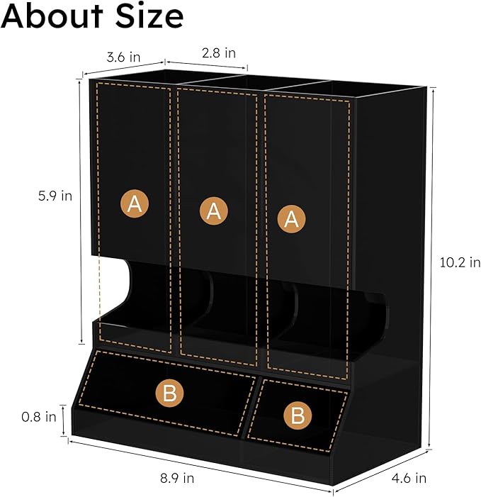 AITEE Modern Black Acrylic Coffee Pod Holder, 3-Compartment Dispenser Organizer for 30 K Cups, Sleek Smudge-Proof Design, Countertop Rack for Kitchen, Breakroom, Pantry, 8.9" L x 4.6" W x 10.2" H