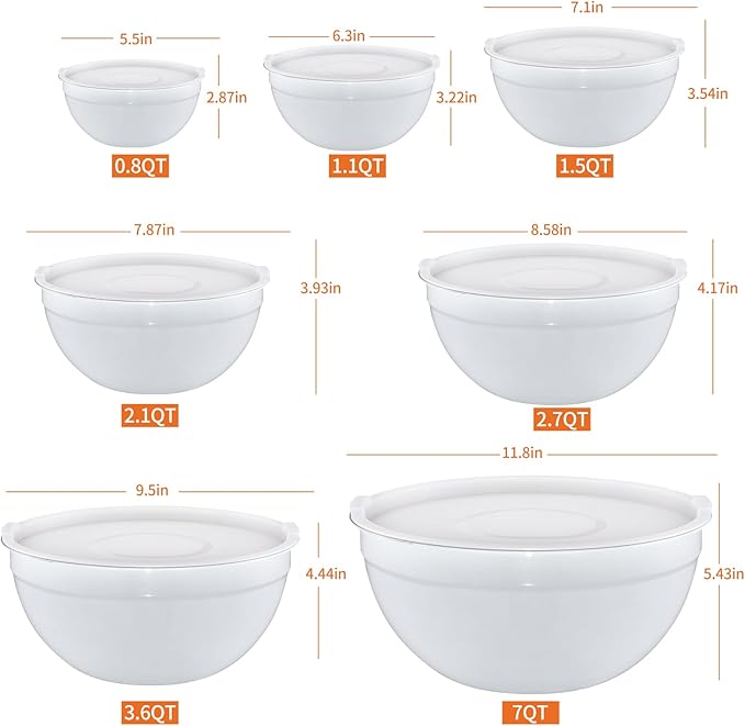 White Mixing Bowls with Lids Set of 7, Stainless Steel Nesting Bowl with Khaki Lid for Non-slip Mixing Prepping Storing Serving, 7 Sizes-7/3.6/2.7/2.1/1.5/1/0.8 QT