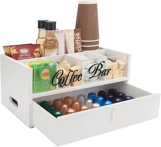 2-Tier Coffee Bar Organizer with Clear Acrylic Top, Built-in Drawer and Leather Handle Pull for Countertop, Stylish Coffee Station Storage Box for Accessories, Pods, Great Gifts for Home