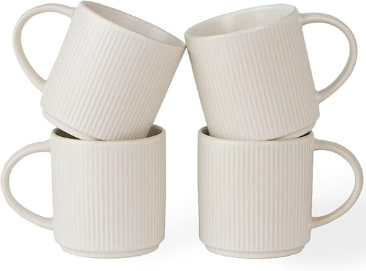 famiware Coffee Mug Set for 4, Star 12 oz Catering Mugs Cup Set with Handle for Coffee, Tea, Cocoa, Milk - Ceramic Stoneware Drinkware Set, Matte White