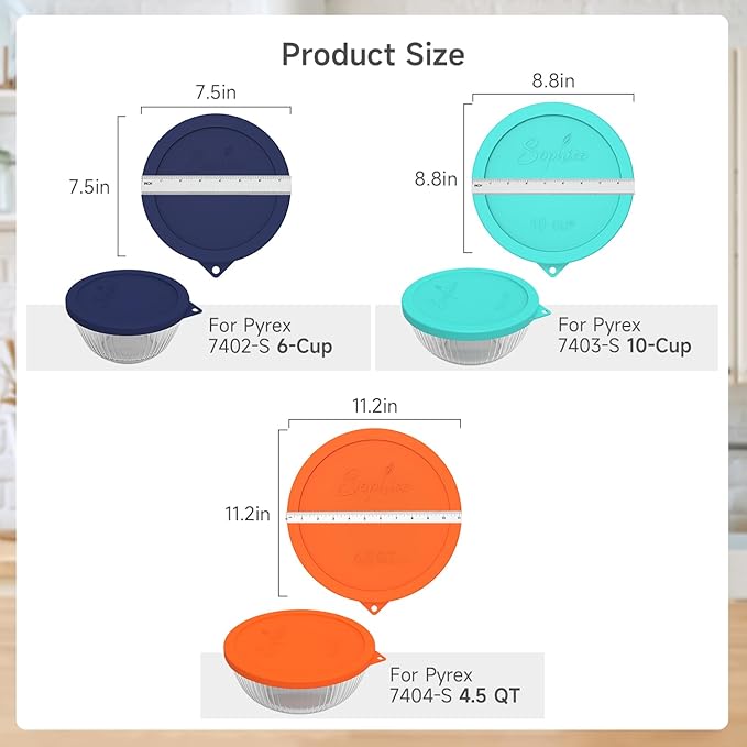 SOPHICO Silicone Replacement Lids for Pyrex Sculpted Glass & Tinted Glass Bowls Mixing Bowls（3 size）Container not included