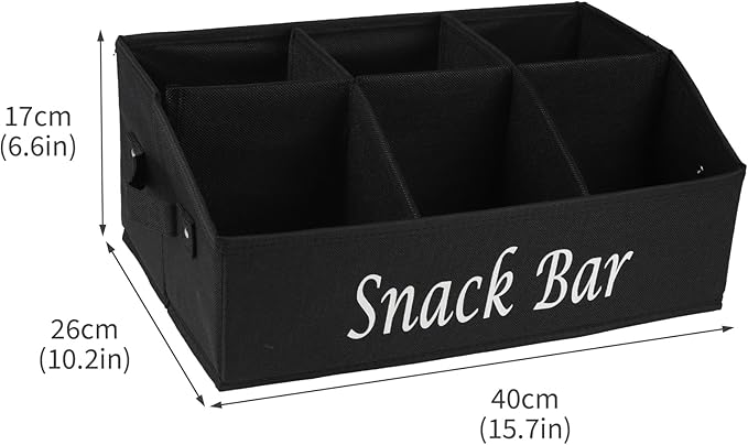 Snack Organizer for Countertop, Fabric Snack Bar Station with Handles, 6 Compartment Container, Black 【Patent Pending】