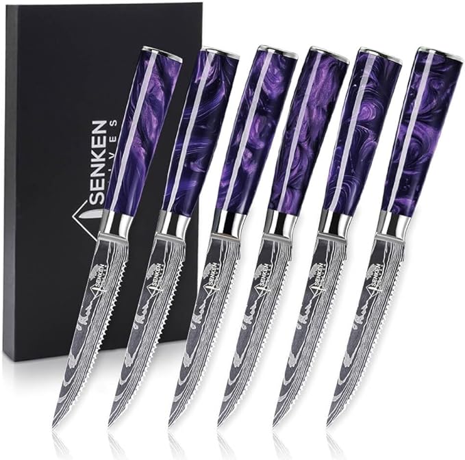 SENKEN Professional Steak Knife Set with Engraved Damascus Pattern, Razor Sharp Blade, High Carbon Steel with Gift Box (Amethyst Purple, Steak Knives Set of 6)
