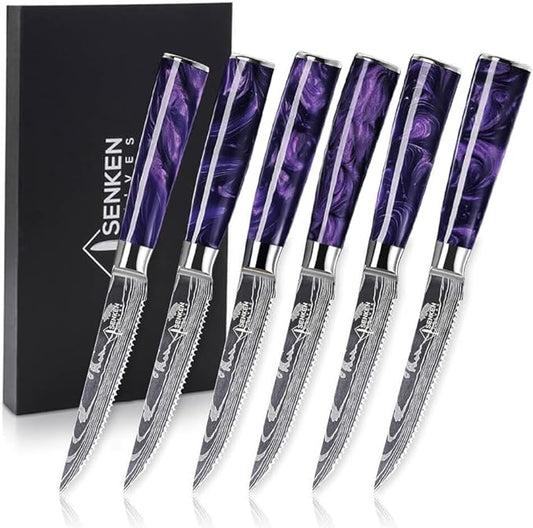 SENKEN Professional Steak Knife Set with Engraved Damascus Pattern, Razor Sharp Blade, High Carbon Steel with Gift Box (Amethyst Purple, Steak Knives Set of 6)