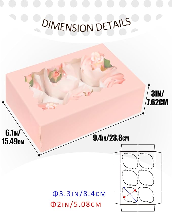 qiqee Pink Auto-pop up 6 Cupcake Boxes with Window 30 Packs Cupcake Box 9"x6.1"x3.3" Bakery Boxes For Cupcakes Carrier, Cupcake Containers