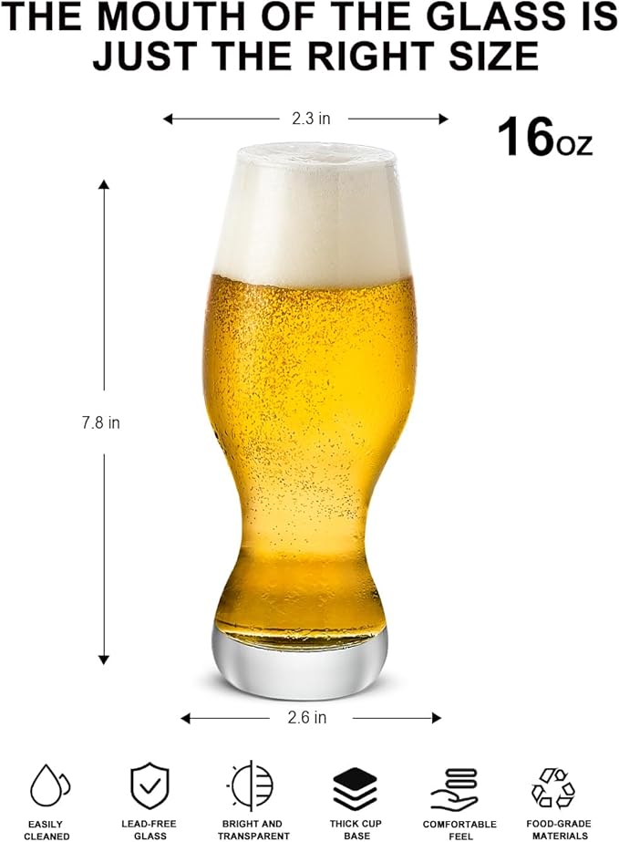 LUXU IPA Beer Glasses(Set of 4),16 oz Pilsner Beer Glasses,Craft Beer Bar Glasses,Lead-free Drinking Glasses,Ideal Gifts for Lager,Ale or Craft Beer Lovers-Crystal Clear