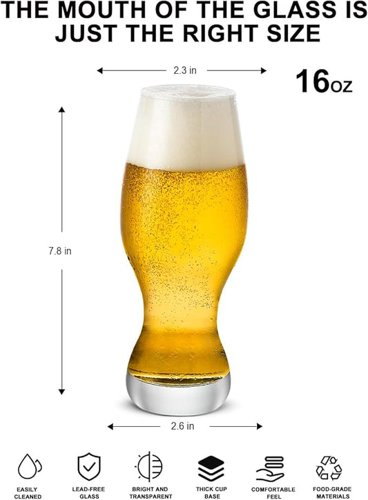 LUXU IPA Beer Glasses(Set of 4),16 oz Pilsner Beer Glasses,Craft Beer Bar Glasses,Lead-free Drinking Glasses,Ideal Gifts for Lager,Ale or Craft Beer Lovers-Crystal Clear