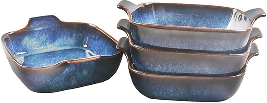 Ceramics Au Gratin baking Dishes Set of 4, Baking Tray Bake ware, 10.5 oz Ramekins, for Pie Pan, Appetizer, Tart, Dessert, Quiche, Oven Small dish, individual dishes, Square 7.3 Inch