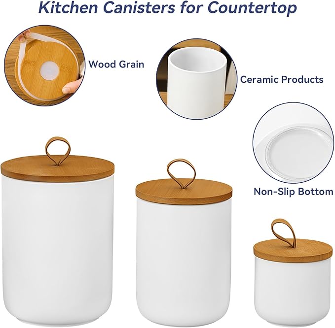 Ceramic Storage Jars, Modern Elegant Polished Airtight Gorgeous Storage Canisters with Wooden Lid Small Food Stroage Jar for Kitchen Spice Tea Vanilla Sugar Coffee Beans (3Pcs Suit White)