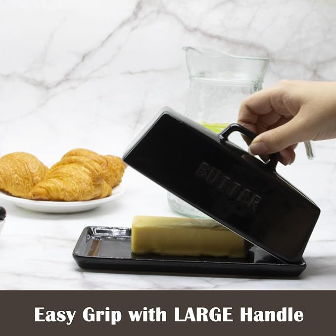 Ceramic Butter Dish With Lid for Countertop, Covered Butter Container, Large Butter Holder With Lid, Butter Tray With Handle Black