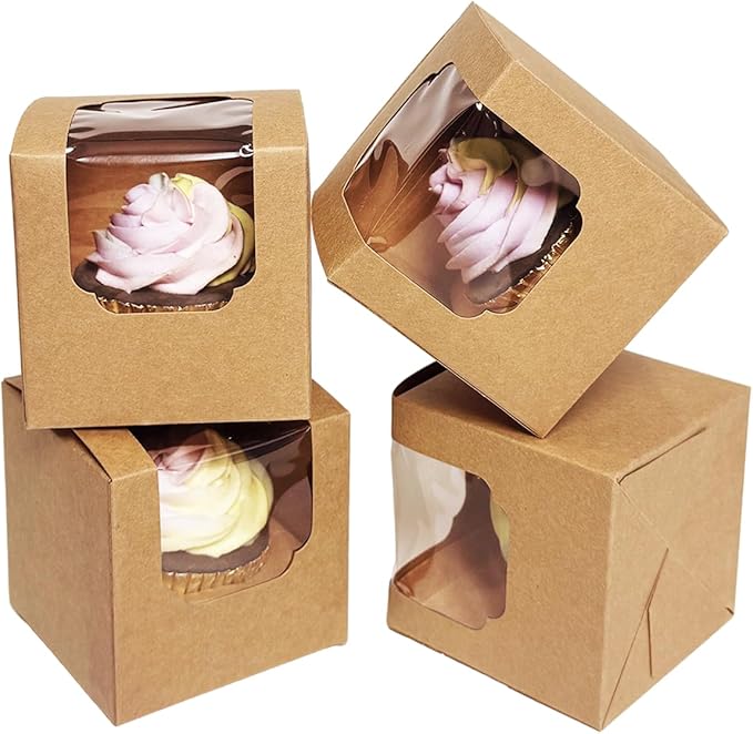 Bakepacker Auto-pop up Cupcake Boxes 30-Packs Individual Cupcake Container Brown 3.5" x 3.5" x 3.5" Single Cupcake Boxes