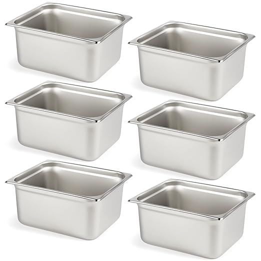 CURTA 6 Pack Anti-Jam Hotel Pans, 1/2 Size 6 Inch Deep, NSF Commercial 18/8 Stainless Steel Chafing Steam Table Pan, Catering Storage Metal Food Pan