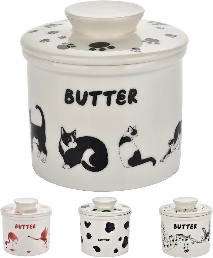Cat Butter Crock - French Style Ceramic Butter Keeper and Butter Dish with Lid, Black and White Kitten Butter Holder for Countertop Storage, Airtight Container for Soft, Spreadable Butter