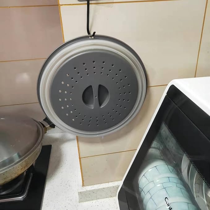 WENWELL Vented Collapsible Microwave Splatter Cover for Food,Kitchen Gadget dish bowl Plate Proof lid Can be Hung,Dishwasher-Safe,BPA-Free Silicone & Plastic,10.5 inchs,gray