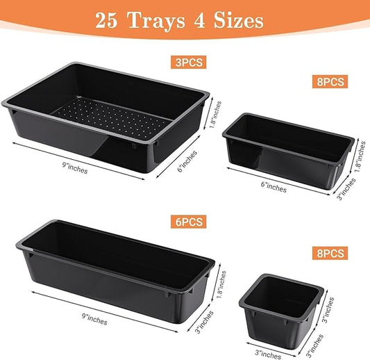 25 PCS Plastic Drawer Organizer Set, 4-Size Versatile Organizer Trays & storage Bins for Makeup, Jewelry, and Gadgets in Bathroom, Bedroom and Office, Black