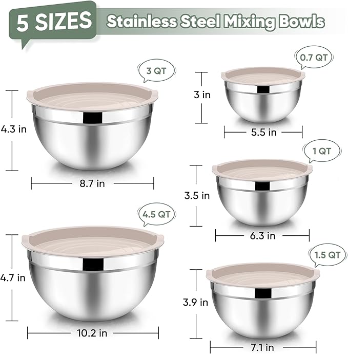 TeamFar Mixing Bowls with Lids, 5-Piece Stainless Steel Metal Nesting Salad Bowl for Mixing Prepping, Healthy & Heavy Duty, Airtight Lids & Dishwasher Safe, 4.5/3/1.5/1/0.7 QT-Khaki