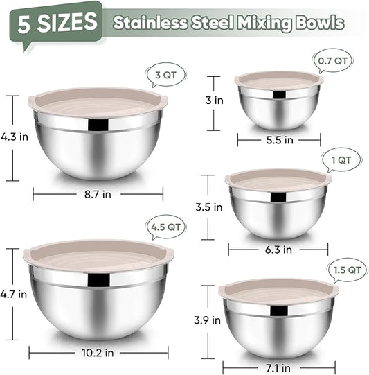 TeamFar Mixing Bowls with Lids, 5-Piece Stainless Steel Metal Nesting Salad Bowl for Mixing Prepping, Healthy & Heavy Duty, Airtight Lids & Dishwasher Safe, 4.5/3/1.5/1/0.7 QT-Khaki