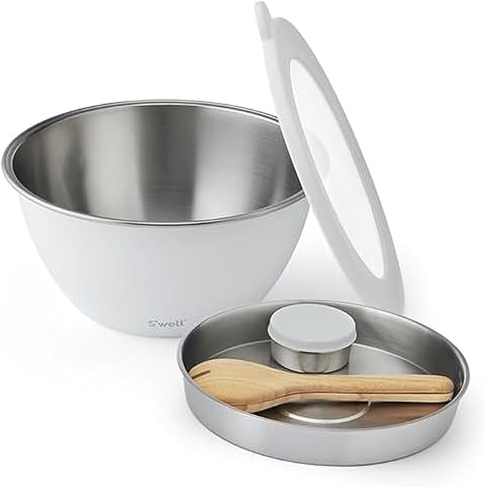 S'well Stainless Steel Salad Bowl Kit XL 184oz, Angel Food, Includes 5oz Canister For Dressing, Serving Utensils, and Removable Tray, Leakproof, Easy to Clean, Dishwasher and Refrigerator Safe