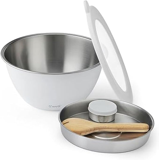 S'well Stainless Steel Salad Bowl Kit XL 184oz, Angel Food, Includes 5oz Canister For Dressing, Serving Utensils, and Removable Tray, Leakproof, Easy to Clean, Dishwasher and Refrigerator Safe