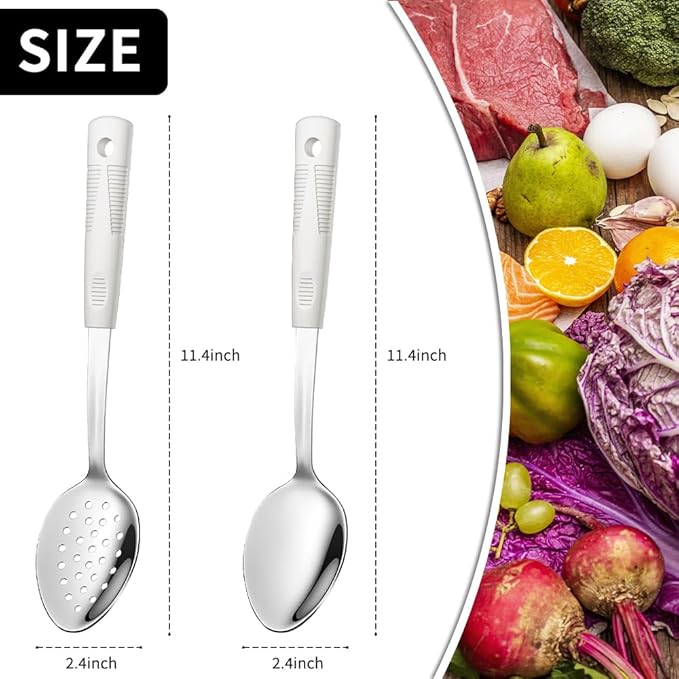 2-Piece,Stainless Steel Serving spoons set with Slotted Spoon.Serving Spoon and Perforated Spoon, kitchen cooking serving utensils set cooking spoon-Beige
