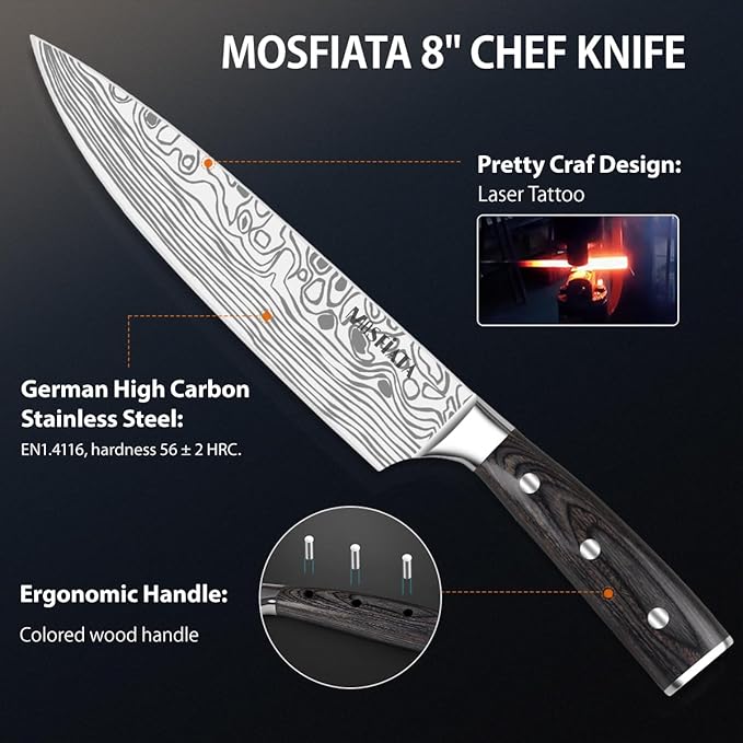 MOSFiATA Professional Chef Knife Set with German High Carbon Stainless Steel Kitchen Knife Set 3 PCSwith Finger Guard,Knife Sharpener,Knives Set for Kitchen with Gift Box
