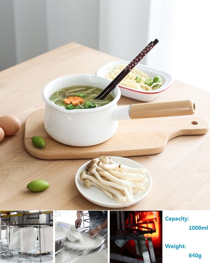 Enamel Milk Pan with Dual Pour Spout Butter Warmer Milk Pot for Stove Top Healthy White Enameled Inside Coating Iron 1QT Small Soup Pot with Wooden Handle (White)