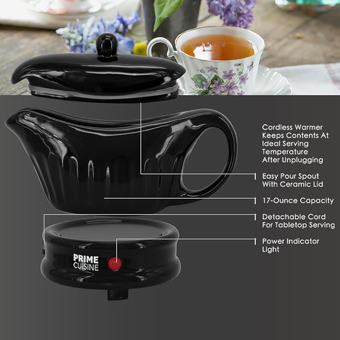 17oz Electric Gravy Boat Warmer, Ceramic Gravy Boat with Detachable Cord and Lid