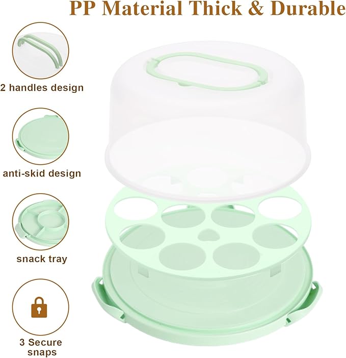 Cake Carrier with Lid and Handle, Cake Stand Cupcake Containers for 10 inch Cake with 2 Handles Cupcake Holder, 3 in 1 Transport Storage Container for Cake Pie Muffin Pizza，Green Round Cake Carriers