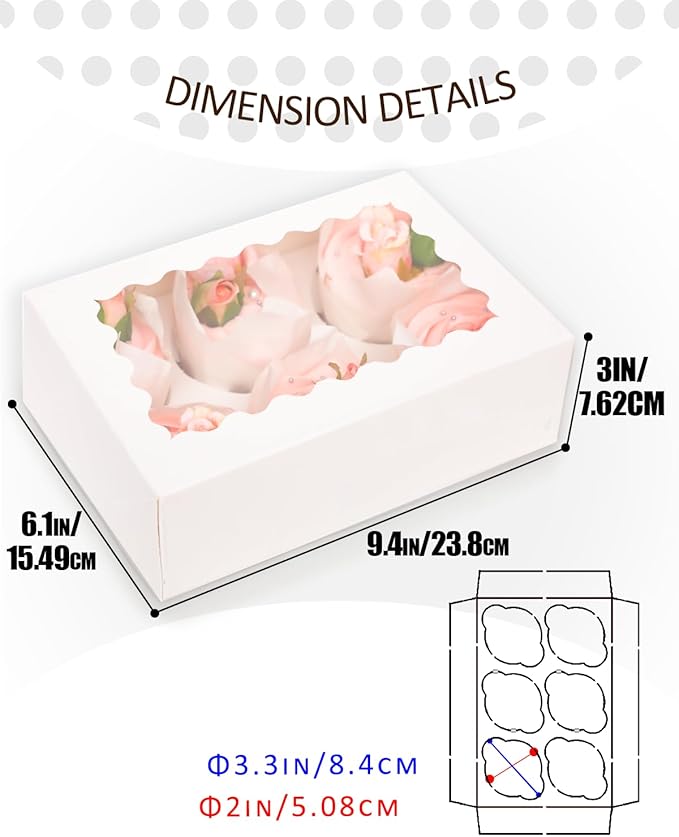 qiqee White 6 Cupcake Boxes with Window Auto-pop up 30 Packs Cupcake Box 9"x6.1"x3.3" Bakery Boxes For Cupcakes Carrier, Cupcake Containers