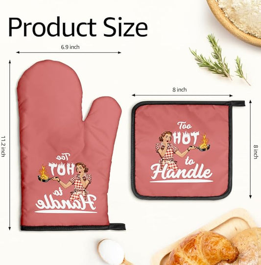 Too Hot to Handle Funny Oven Mitts and Pot Holders Sets, Retro Kitchen Decor Oven Mitts for Women, Baking Gifts for Her Housewives, Housewarming Present for Bakers, Hostess Gifts for Mom Wife