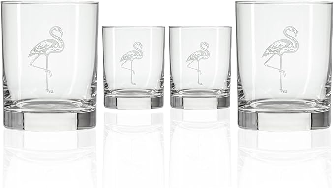 Rolf Glass Flamingo Double Old Fashioned Glass | 13oz Engraved Whiskey Tumblers | Lead-Free Crystal Glasses | Made in the US | Tropical and Coastal Flamingo Design | Set of 4
