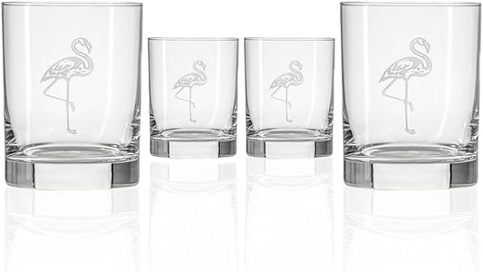 Rolf Glass Flamingo Double Old Fashioned Glass | 13oz Engraved Whiskey Tumblers | Lead-Free Crystal Glasses | Made in the US | Tropical and Coastal Flamingo Design | Set of 4