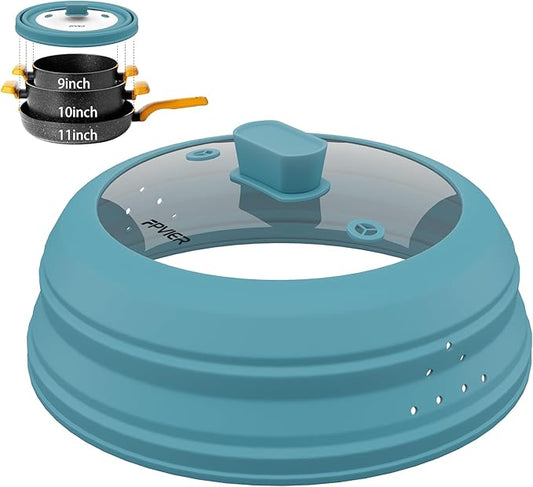 Microwave Splatter Cover, Vented Silicone and Glass Cover Splatter Guard Lid, Food Collapsible Plate Cover Lid with Easy Grip Handle. (Blue, 11.8 inch)