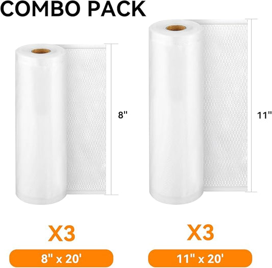 [2024 New] 6 Pack 8" x 20' and 11" x 20', Vacuum Sealer Rolls Bags for Food, Great for Food Storage, Sous Vide and Meal Prep, Wevac Lite